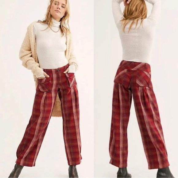 Free People Birch Wide Leg Pant Plaid Red  Pleating Oversize Pockets size 4 - Picture 1 of 7